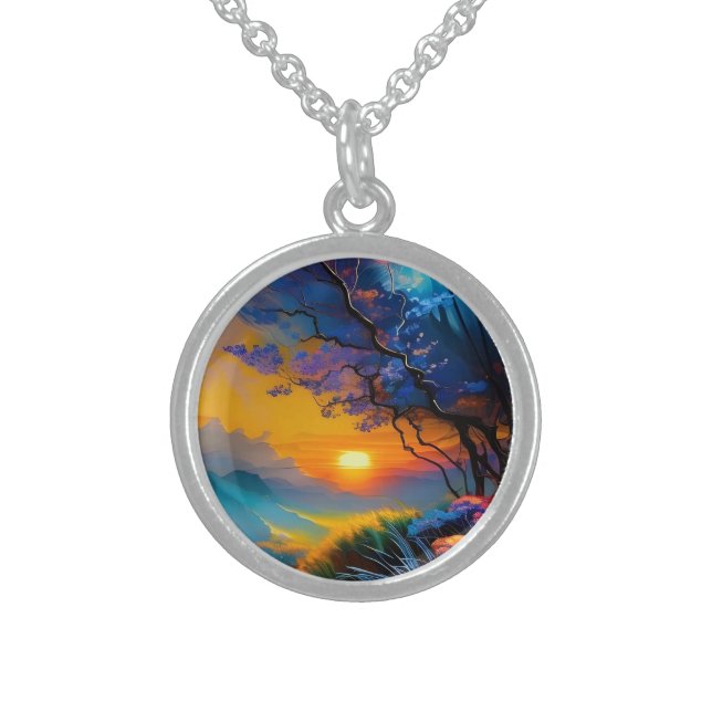 Gorgeous Sunrise over pond  Sterling Silver Necklace (Front)