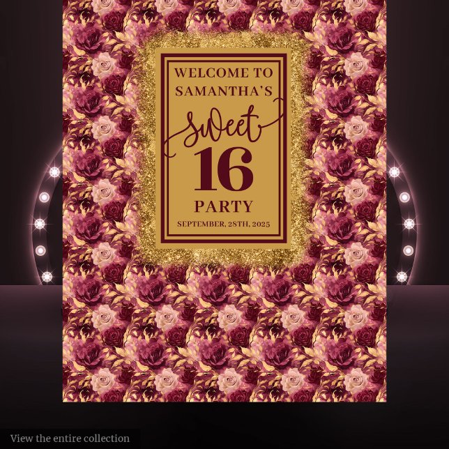 Gorgeous Sweet Sixteen Blush Burgundy Gold Banner Tapestry (Gorgeous Sweet Sixteen Blush Burgundy Gold Banner Tapestry)
