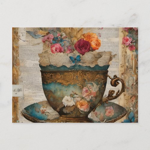 Gorgeous Teacup Mixed Media Collage Painting Postcard