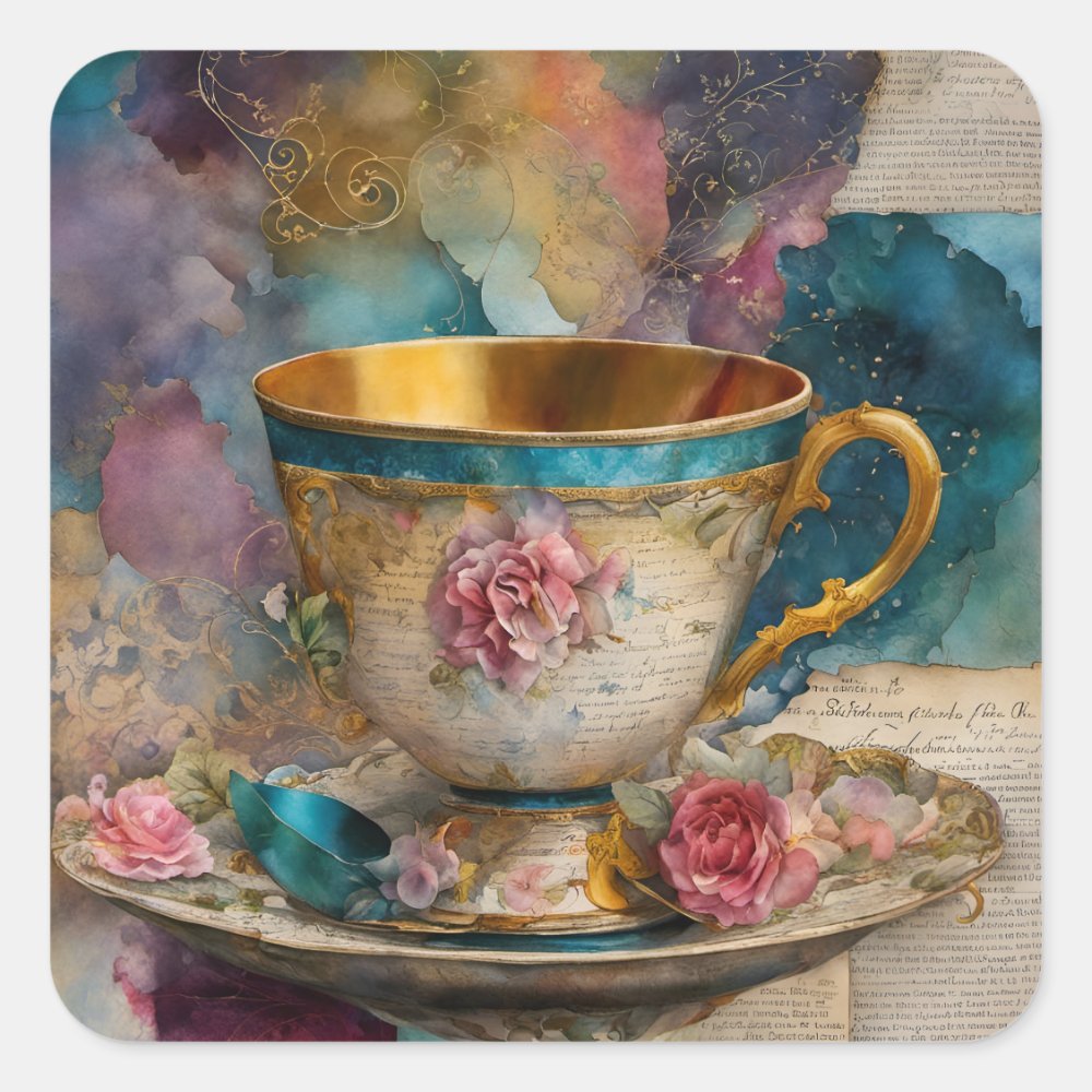 Gorgeous Teacup Mixed Media Collage Painting Square Sticker