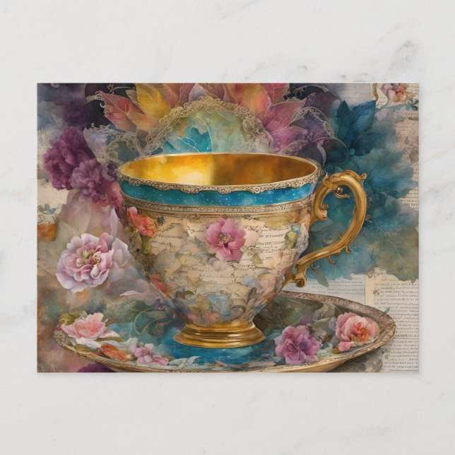 Gorgeous Teacup Mixed Media Painting Postcard (Front)