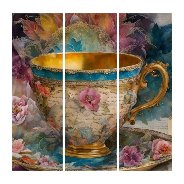 Gorgeous Teacup Mixed Media Painting Triptych (Front)