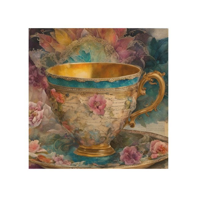 Gorgeous Teacup Mixed Media Painting Wood Wall Art (Front)