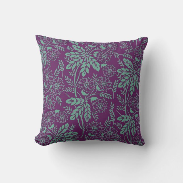 Gorgeous Teal and Purple Floral Throw Pillow (Front)