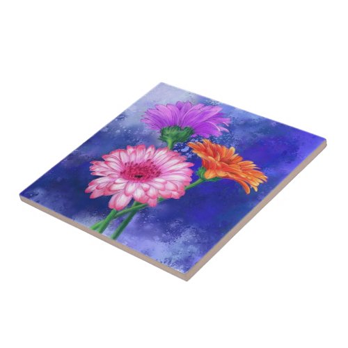 Gorgeous Three Color Gerberas _ Migned Art Drawing Ceramic Tile