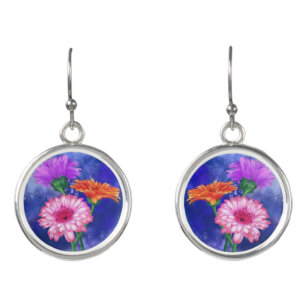Gorgeous Three Color Gerberas - Migned Art Drawing Earrings