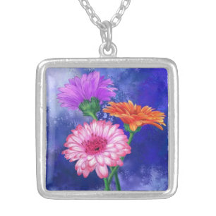 Gorgeous Three Color Gerberas - Migned Art Drawing Silver Plated Necklace