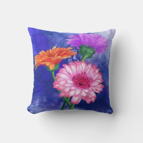 Gorgeous Three Color Gerberas _ Spring _ Painting  Throw Pillow