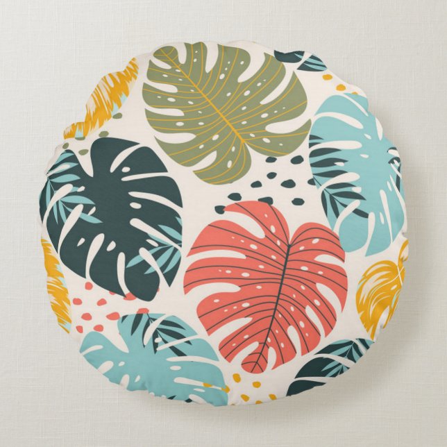 Gorgeous Tropical Monstera Leaves Round Pillow (Front)