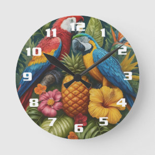 Gorgeous tropical Pineapple Parrot and flowers Round Clock