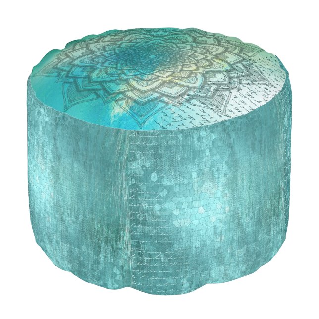 Gorgeous Turquoise Vintage Patterned Mandala Pouf (Angled Front)