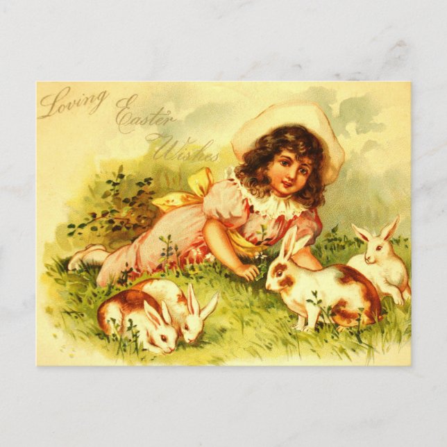Gorgeous Victorian Girl Easter Bunnies PostCard (Front)