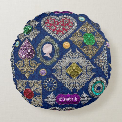Gorgeous Victorian Jewelry Brooch Gemstone Collage Round Pillow