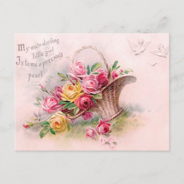 Gorgeous Victorian Pink & Yellow Roses Basket Postcard (Front)