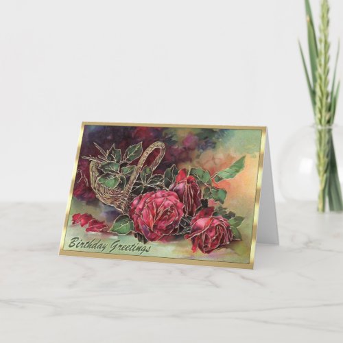 Gorgeous Victorian Red Roses Basket Birthday Card