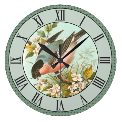 Gorgeous Vintage Bird Scene on Green Background Large Clock