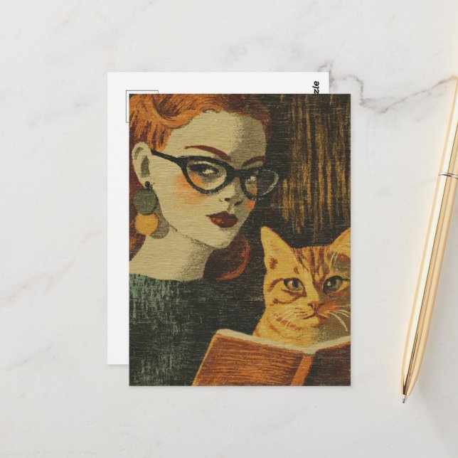 Gorgeous Vintage Lady and Her Cat Reading Postcard (Front/Back In Situ)