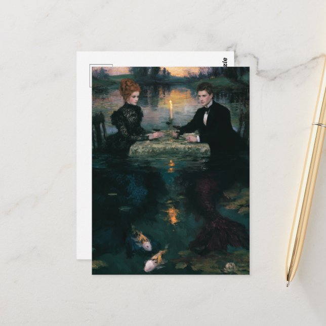 Gorgeous Vintage Mermaid Couple Dinner Party Postcard (Front/Back In Situ)