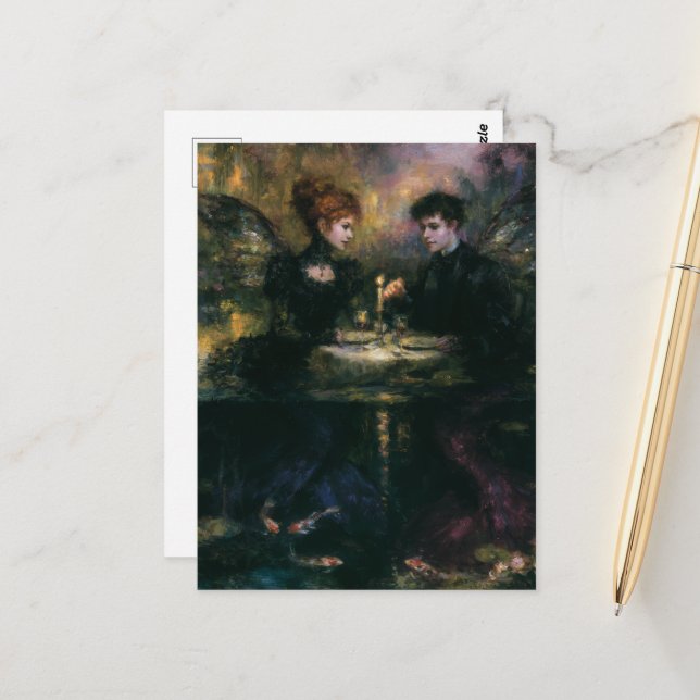 Gorgeous Vintage Mermaid Fairy Couple Dinner Party Postcard (Front/Back In Situ)