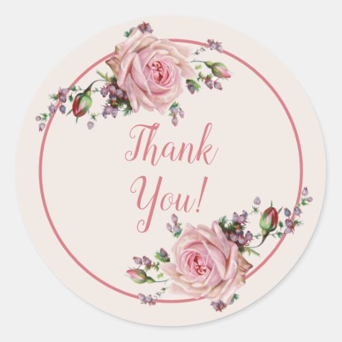 Gorgeous Vintage Soft Romantic Pink Rose Thank You Classic Round Sticker