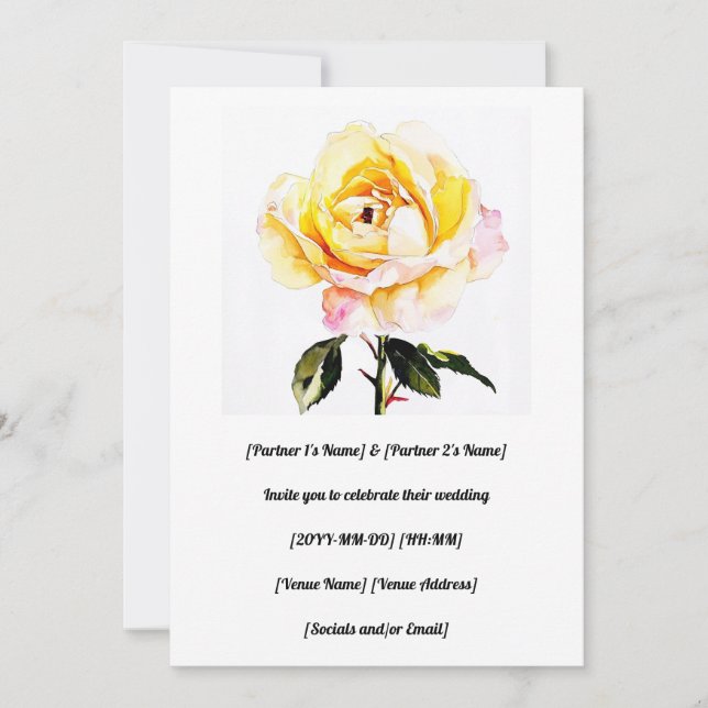 Gorgeous Water-Painted Yellow Rose  Invitation (Front)