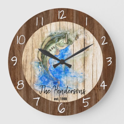 Gorgeous Watercolor Bass with Fly Fishing Lure Large Clock