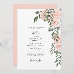 Gorgeous Watercolor Blush Floral Wedding Invitation