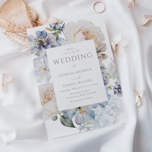 Gorgeous Watercolor Dusty Blue Floral Wedding Invitation