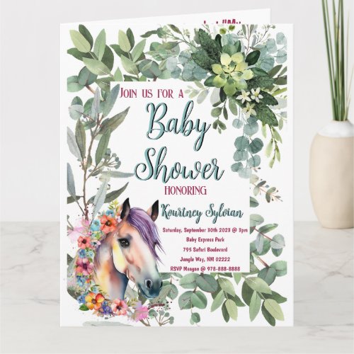 Gorgeous Watercolor Floral Horse Baby Shower Card