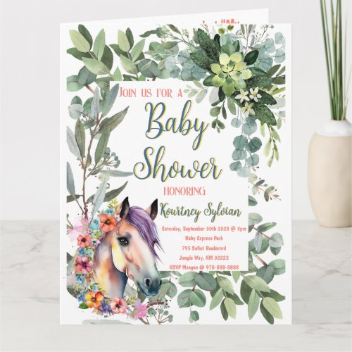 Gorgeous Watercolor Floral Horse Baby Shower Card