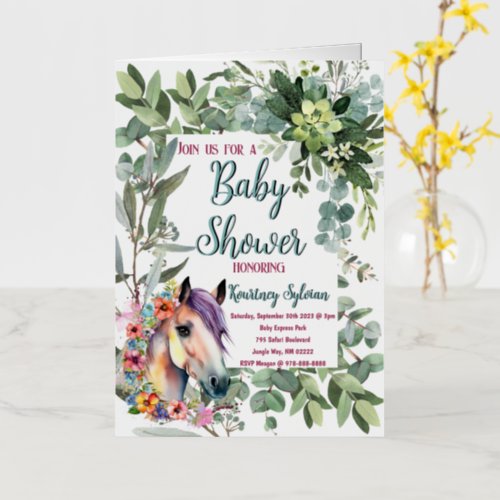 Gorgeous Watercolor Floral Horse Baby Shower Foil Greeting Card