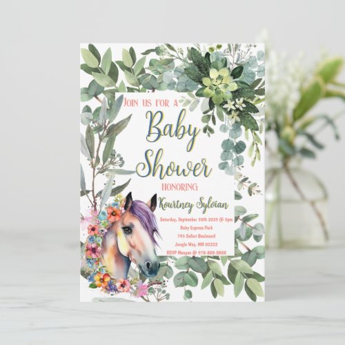 Gorgeous Watercolor Floral Horse Baby Shower Invitation