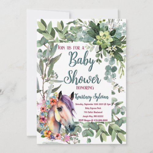 Gorgeous Watercolor Floral Horse Baby Shower Invitation