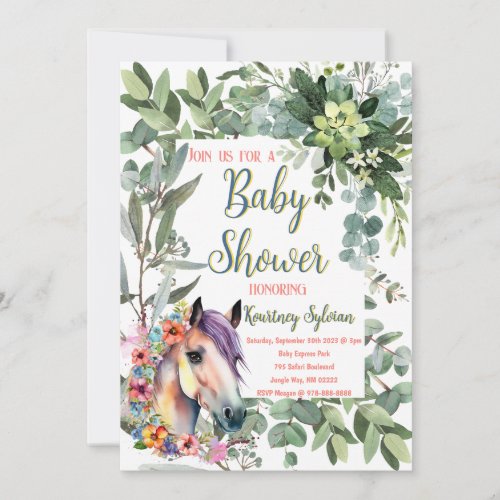 Gorgeous Watercolor Floral Horse Baby Shower Invitation