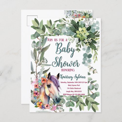 Gorgeous Watercolor Floral Horse Baby Shower Postcard