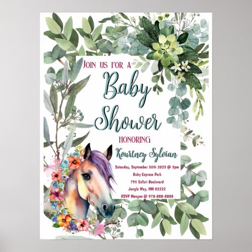 Gorgeous Watercolor Floral Horse Baby Shower Poster