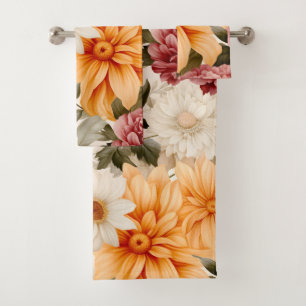 Gorgeous Watercolor Floral Print Orange Fall Bath Towel Set