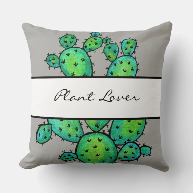 Gorgeous Watercolor Prickly Cactus Throw Pillow (Front)