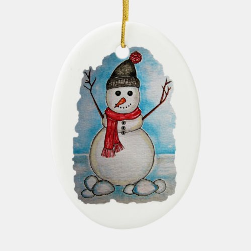 Gorgeous watercolor snowman with scarf and hat ceramic ornament