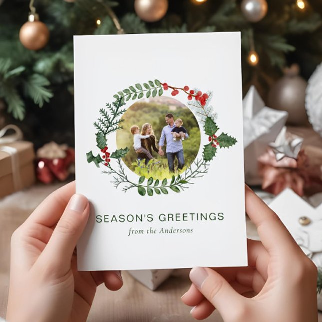 Gorgeous Watercolor Wreath Photo Christmas Holiday Card (Creator Uploaded)