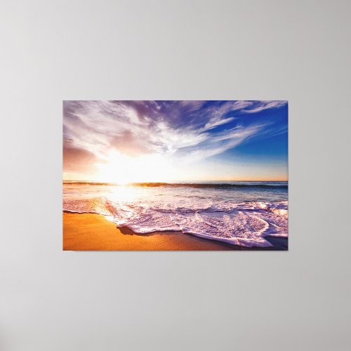 Gorgeous Waves on a Sandy Beach and Sunset Canvas Print