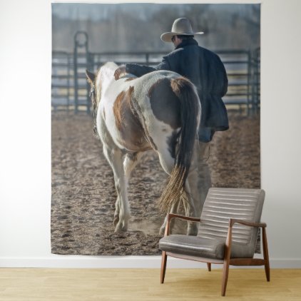 Gorgeous western horse and cowboy bond tapestry