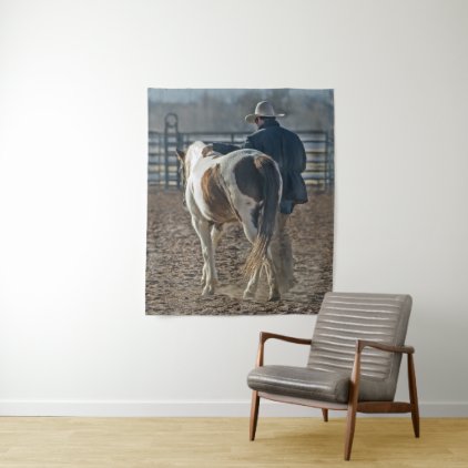 Gorgeous western horse and cowboy bond tapestry