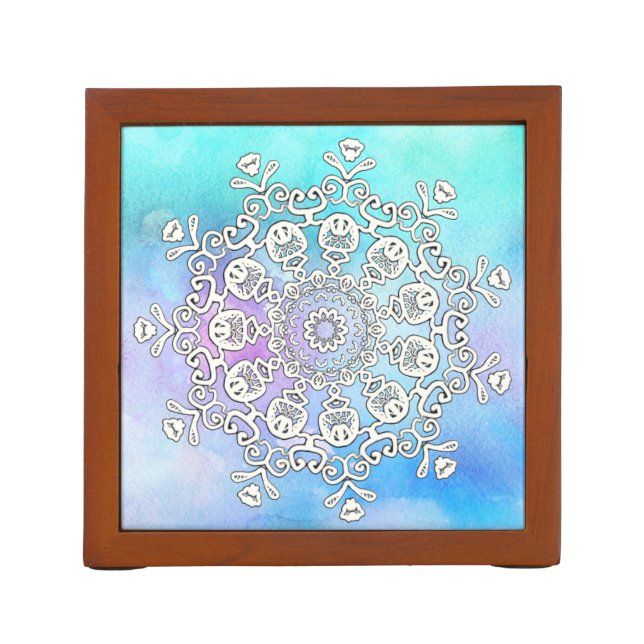 *~* Gorgeous White Mandala on Turquoise Watercolor Pencil Holder (Back)