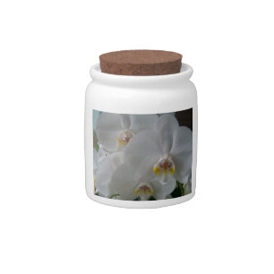 Gorgeous white orchids on a candy jar
