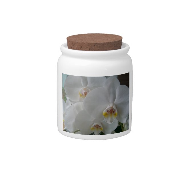 Gorgeous white orchids on a candy jar (Front)