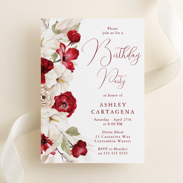Gorgeous White & Red Floral Birthday Party Invitation (Creator Uploaded)