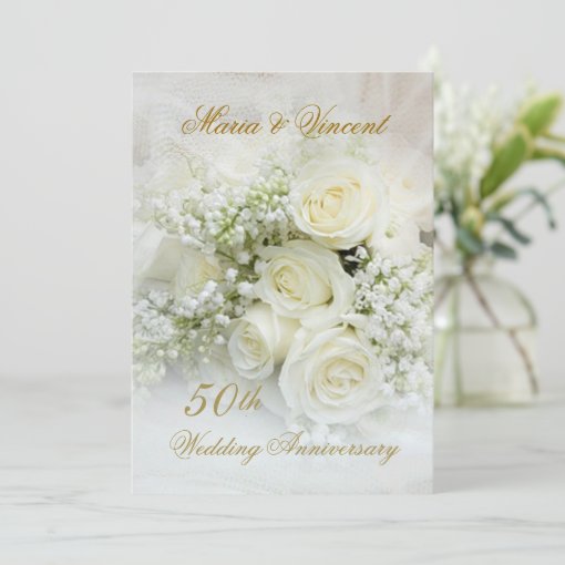white roses 50th Wedding Anniversary Invitation Zazzle