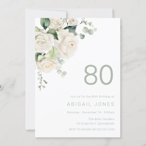 Gorgeous White Roses 80th Birthday Party Invitation