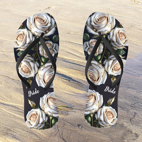 Gorgeous white roses with golden details bride  flip flops